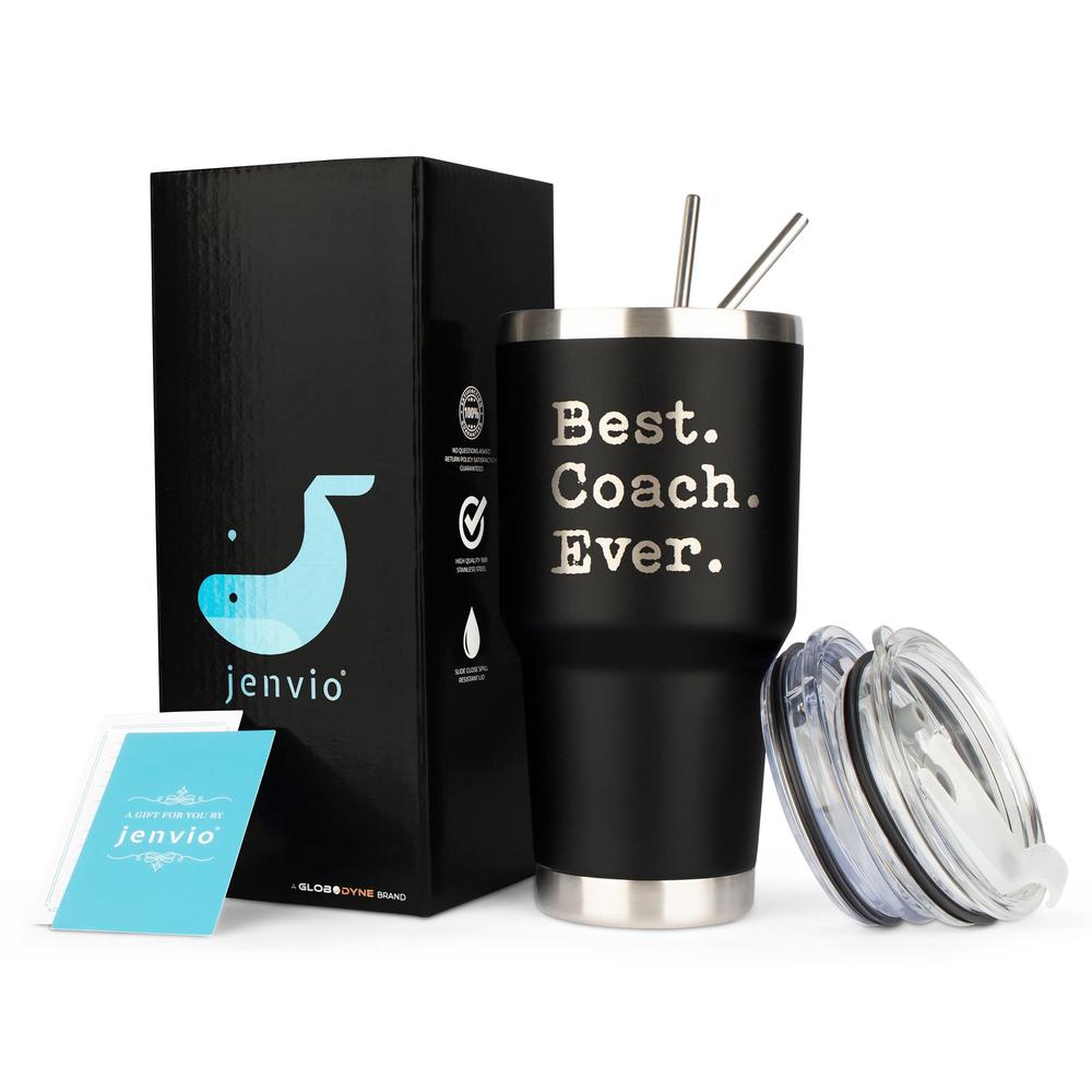 JENVIO Coach Gifts | Best Coach Ever | Stainless Steel Laser Etched Travel Tumbler Coffee Mug with 2 Lids and 2 Straws | Basketb