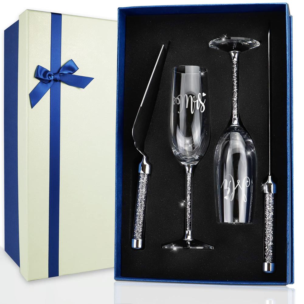 BEKESIN Wedding Knife and Server, Crystal Glasses Engraved Mr & Mrs, Cake Cutting Set for Bride and Groom Toasting Champagne Flutes, Ann