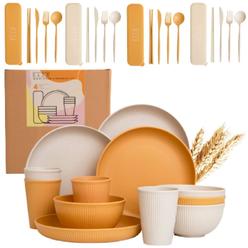 Slow hour Wheat Straw Dinnerware Sets - Yellow Dinnerware Set w/Wheat Straw Plates, Bowls & Utensils - Microwave Safe & Dishwasher Safe Di