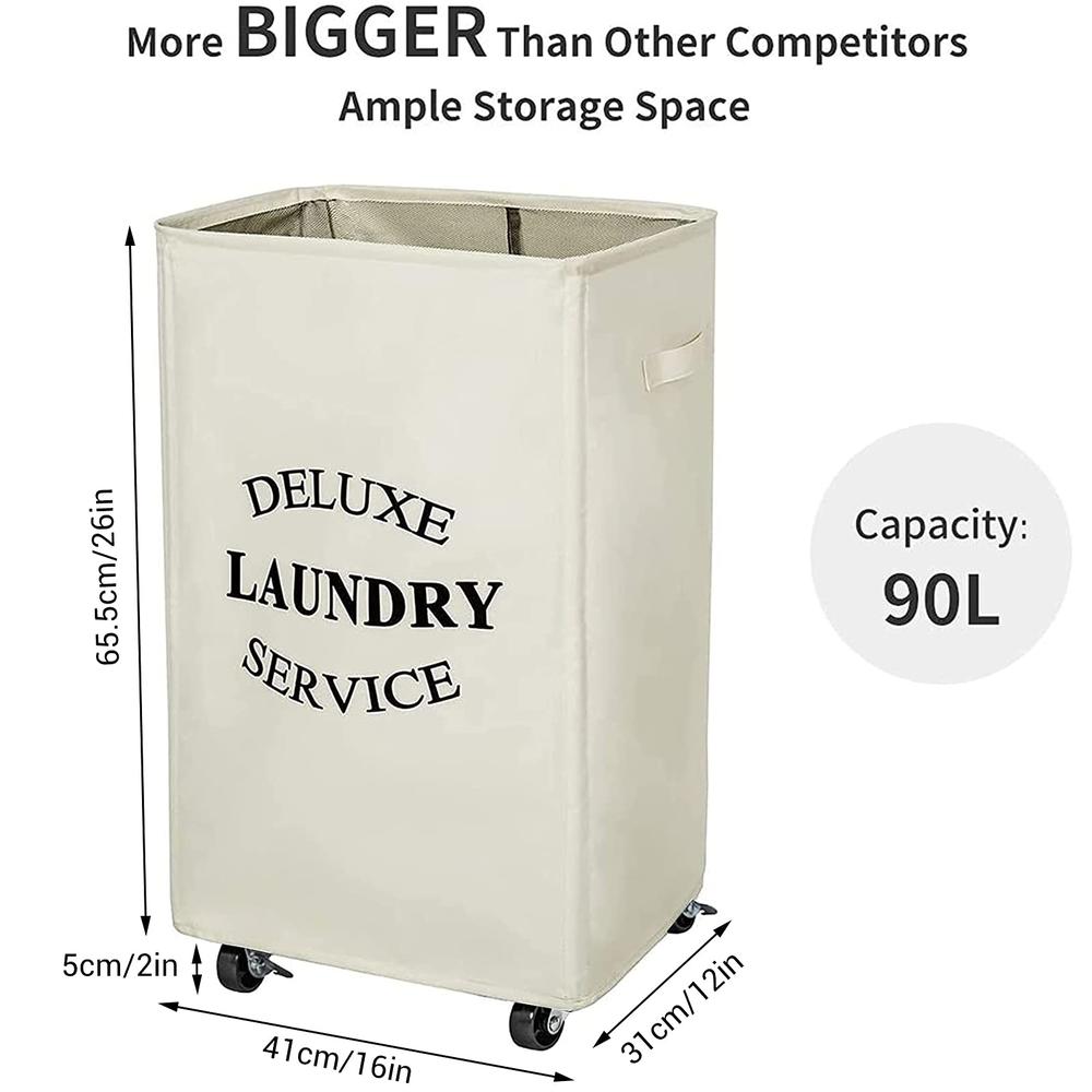 WOWLIVE Large Rolling Laundry Basket Wheels 90L Collapsible Tall Laundry Hamper Handle Foldable Dirty Clothing Basket Fold up Re