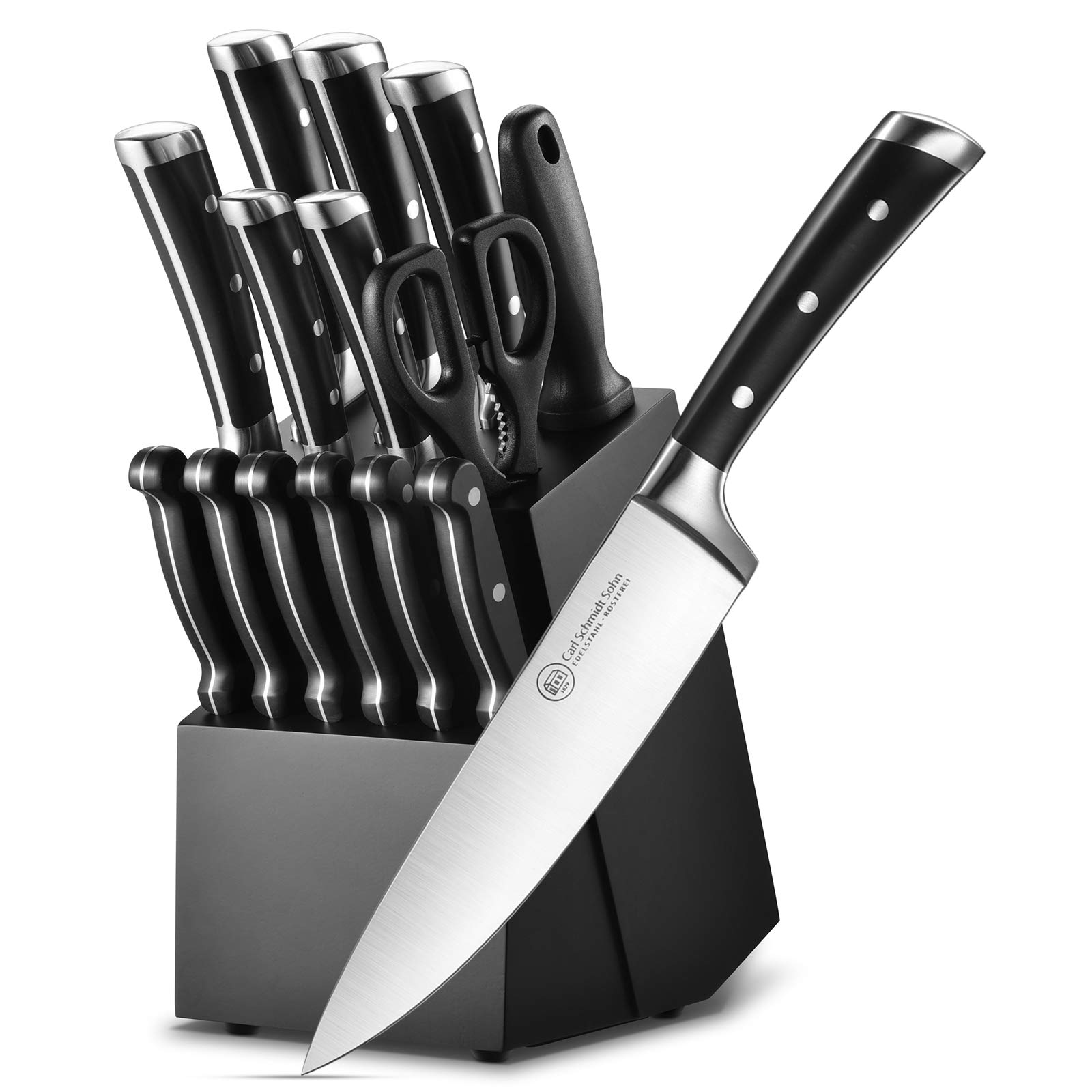1829 Carl Schmidt So Kitchen Knife Set - 1829 cARL ScHMIDT SOHN 15 Pieces Knife Block Set with Sharpener, Forged Stainless Steel, Professional chef B