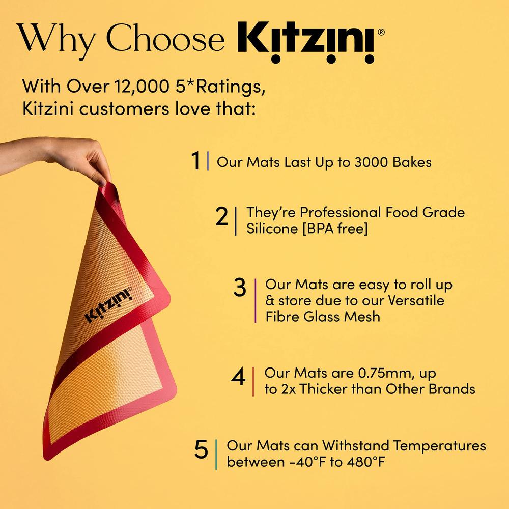 Kitzini Silicone Baking Mat Set. Non-Stick Silicone Mats for Baking. 2 Half Baking Sheets. BPA Free. Professional Grade Silicone