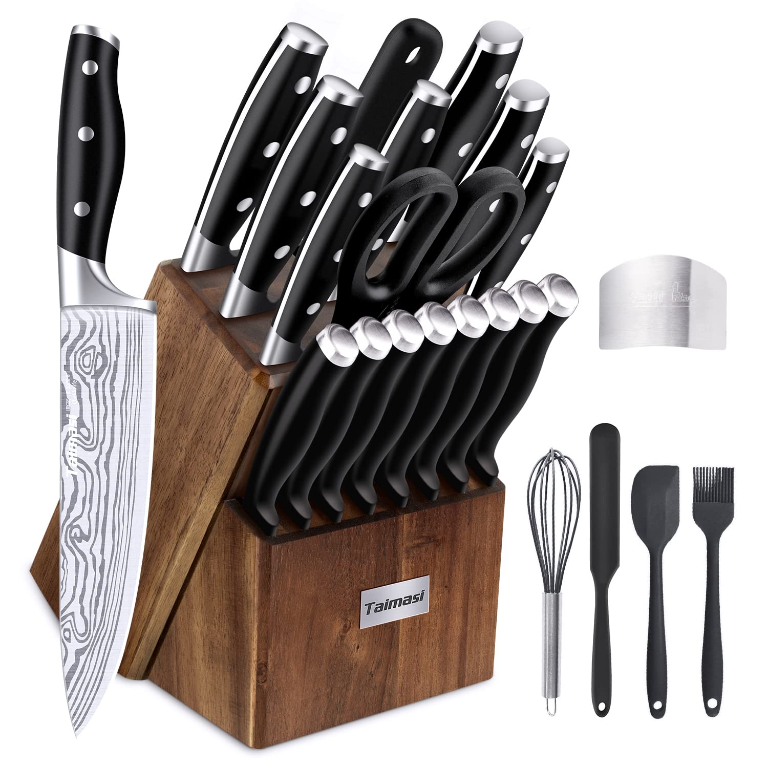 TAIMASI Knife set, 23 Pcs Kitchen Knife Set with Block and Sharpener Rod,  High Carbon Stainless Steel Chef knife set for kitchen, Ultra
