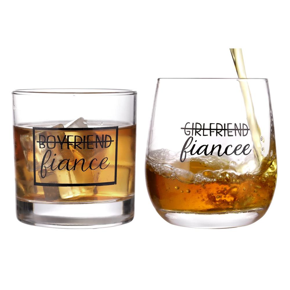 ZUUO Boyfriend and Girlfriend 11 oz Wine Whiskey Glass Gift Set - Engagement Gifts for Couples Fiance Fiancee Him Her His Hers G