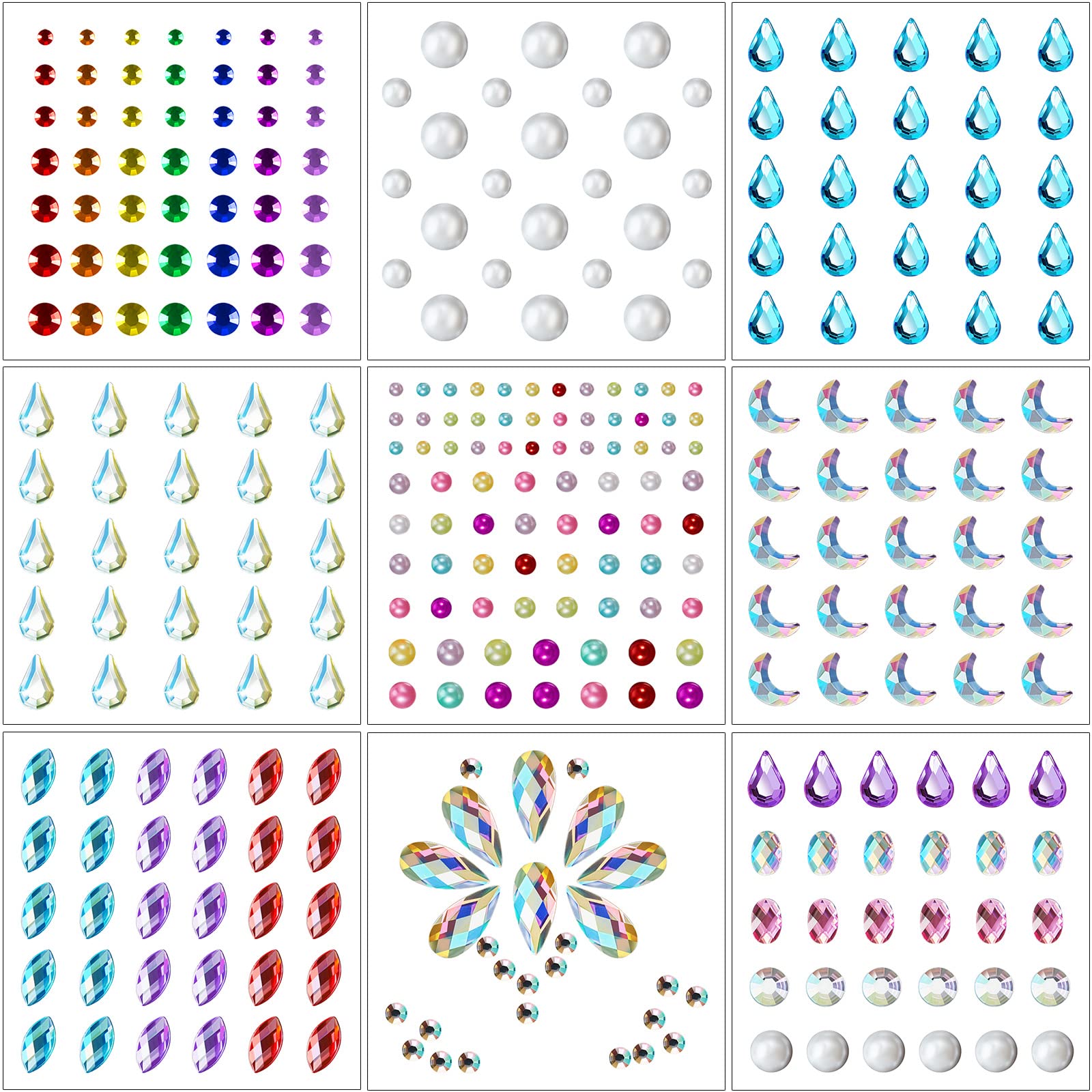 Outus 9 Sheets Eye Body Face Gems Jewels Rhinestone Stickers Self Adhesive  Crystal Rainbow Makeup Diamonds