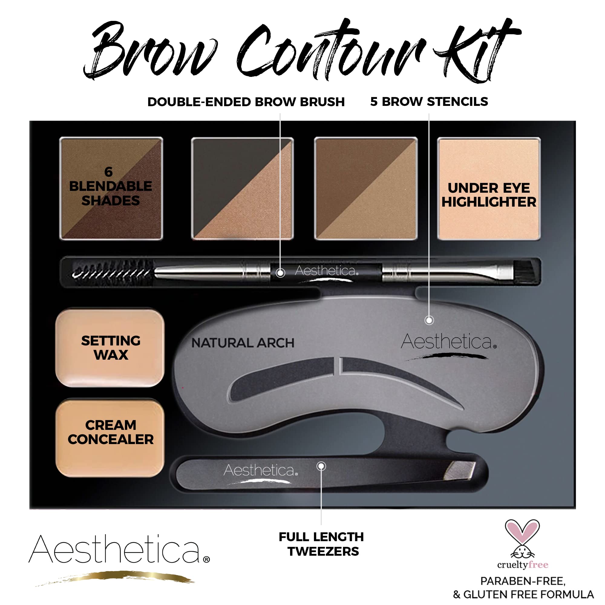 Aesthetica Brow Contour Kit 16-Piece Eyebrow Makeup Palette Set 6 Eyebrow Powders, 5 Eyebrow Stencils, Spoolie/Brush Duo, Tweeze