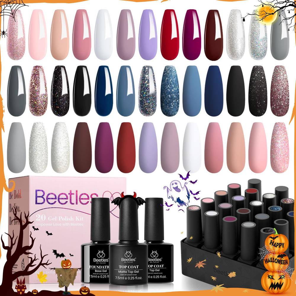 beetles Gel Polish Nail Set 20 Colors Modern Muse Collection Nude Gray Pink Blue Glitter Manicure Starter Kit with 3 Pcs Base Ma
