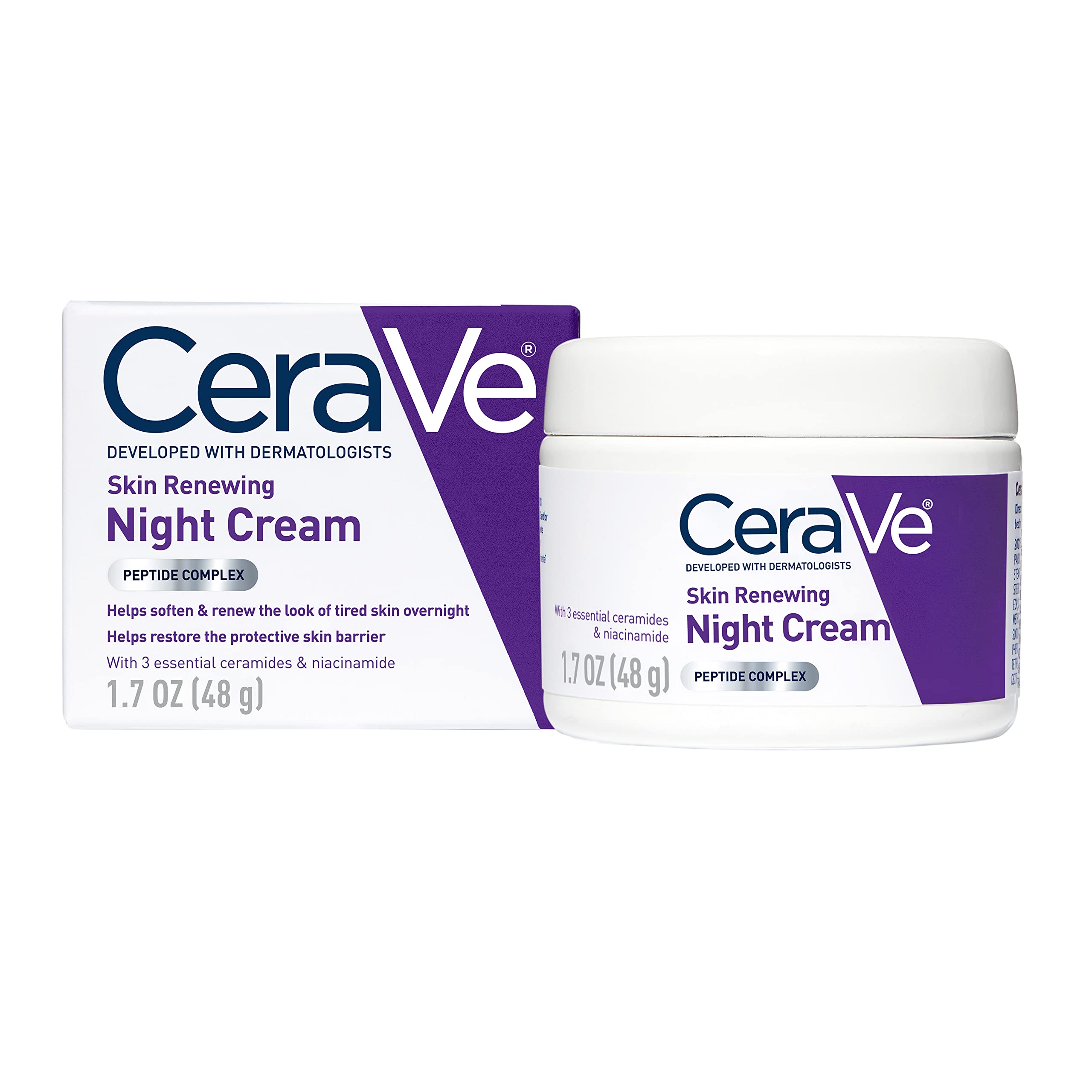 CeraVe Skin Renewing Night Cream | Niacinamide, Peptide Complex, and Hyaluronic Acid Moisturizer for Face | 1.7 Ounce, Packaging