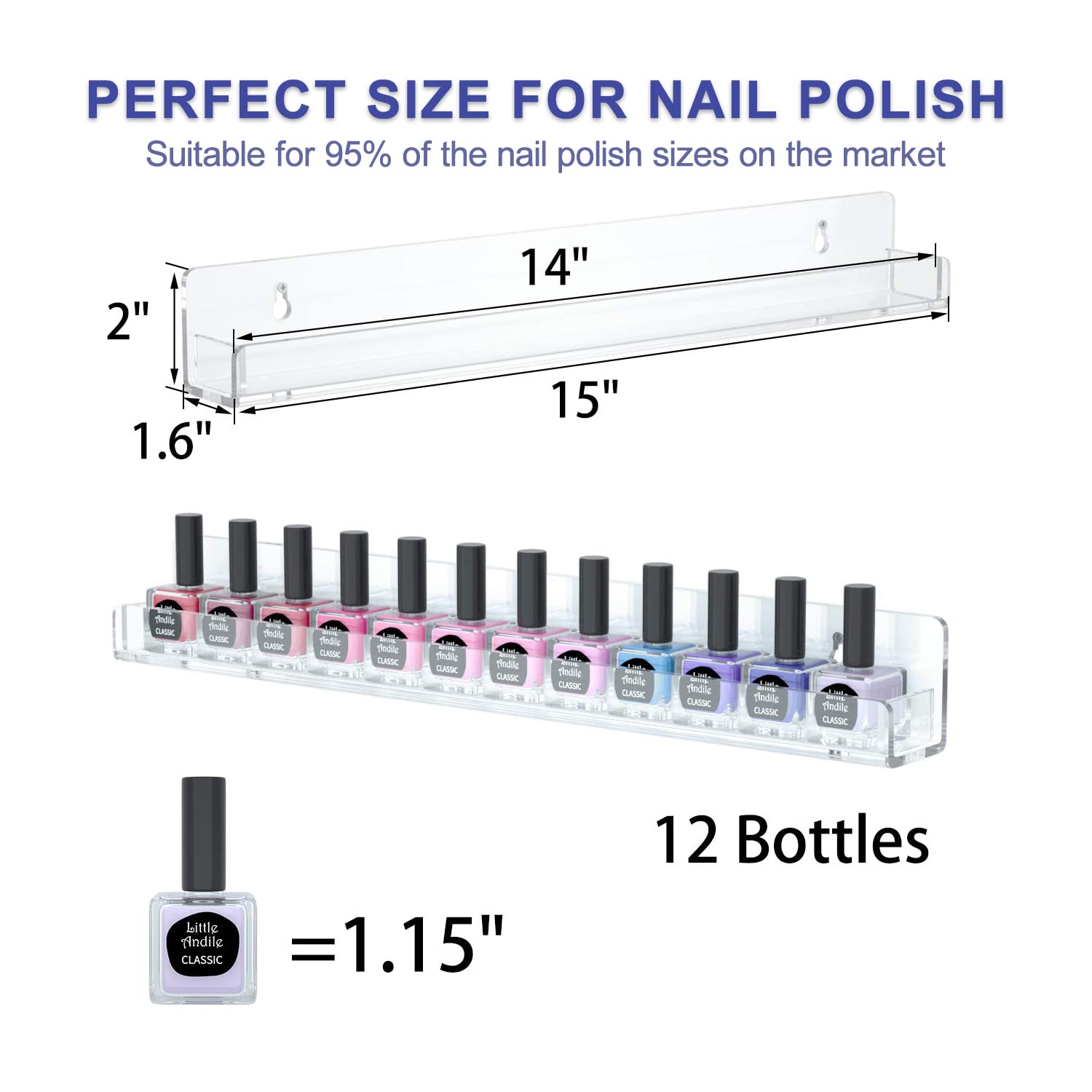 FEMELI Nail Polish Wall Rack 6 Shelves, 15 Inch Clear Acrylic Nail Polish Organizer for 66-90 Bottles, Multi-Purpose Acrylic Flo