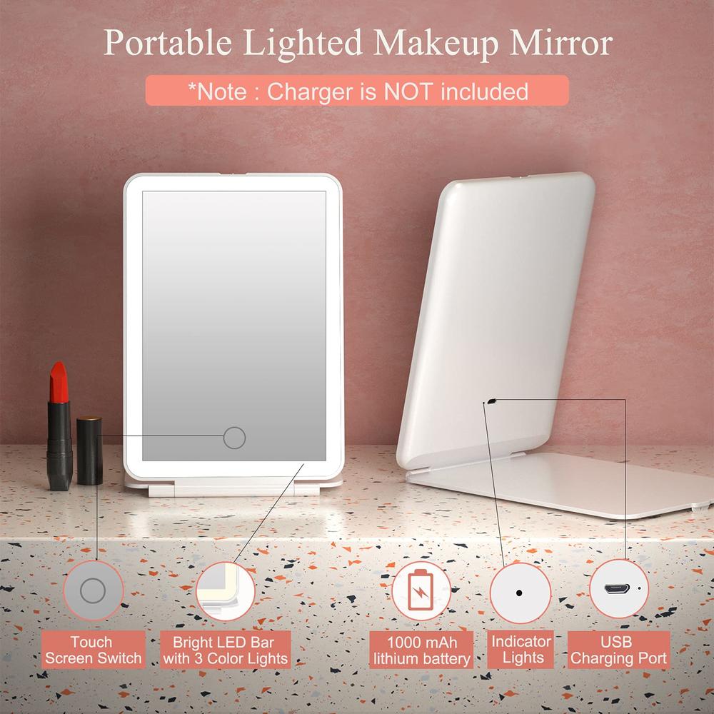 FUNTOUCH Rechargeable Travel Makeup Mirror with 72 Led Lights, Portable Lighted Makeup Beauty Mirror, 3 Color Lighting, Dimmable