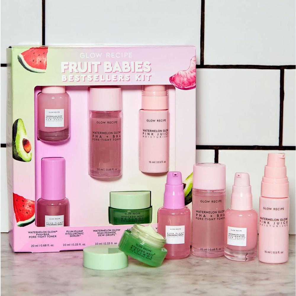 Glow Recipe Fruit Babies Skincare Kit - Gift Set with Retinol Eye Cream, Oil Free Face Moisturizer, BHA PHA Facial Toner, Hyalur