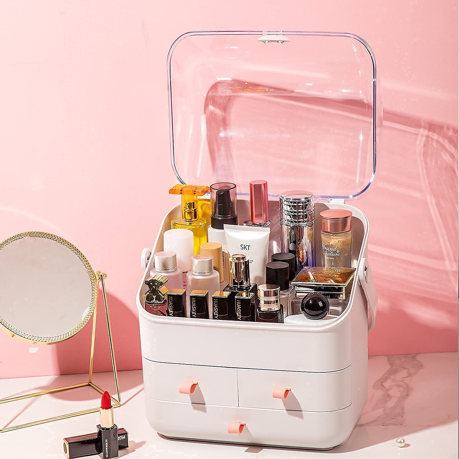 Haturi Makeup Organizer, Waterproof&Dustproof Cosmetic Organizer Box with Lid Fully Open Makeup Display Boxes, Skincare Organize