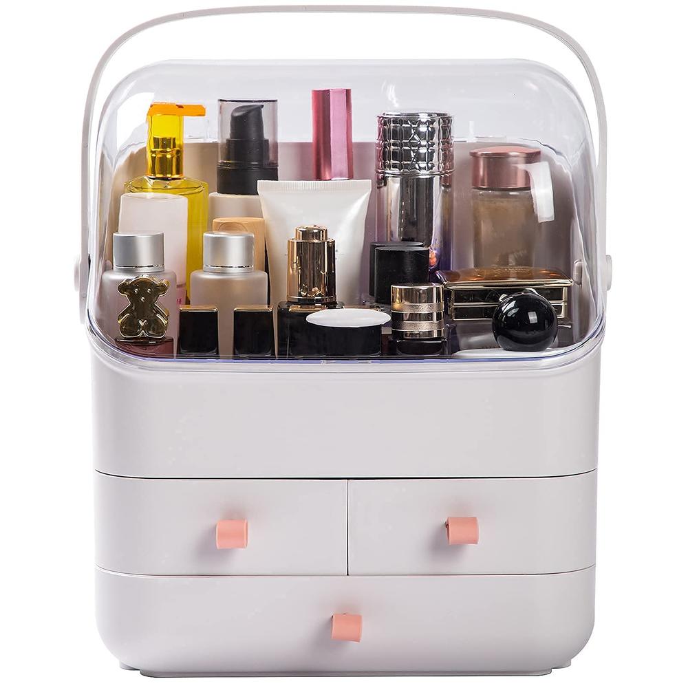 Haturi Makeup Organizer, Waterproof&Dustproof Cosmetic Organizer Box with Lid Fully Open Makeup Display Boxes, Skincare Organize
