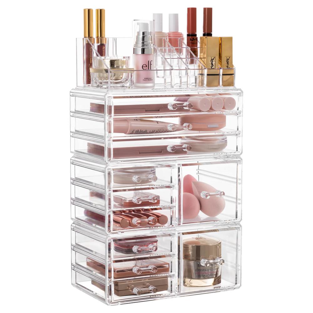 HBlife Acrylic Clear Dustproof Makeup Storage Organizer Drawers Large Skin Care Cosmetic Display Cases for Bathroom Stackable St