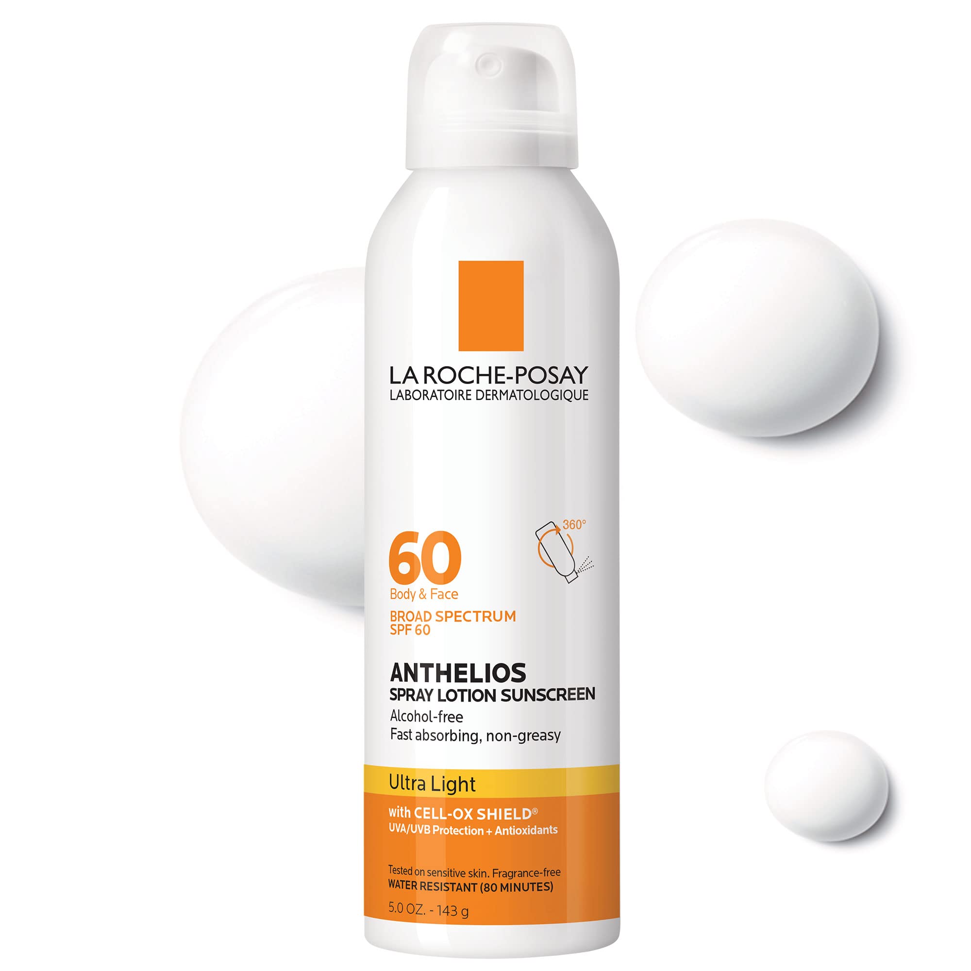 La Roche-Posay Anthelios Ultra-Light Sunscreen Lotion Spray Broad Spectrum SPF 60, Alcohol-Free, Oil-Free, Water Resistant, 5 Fl