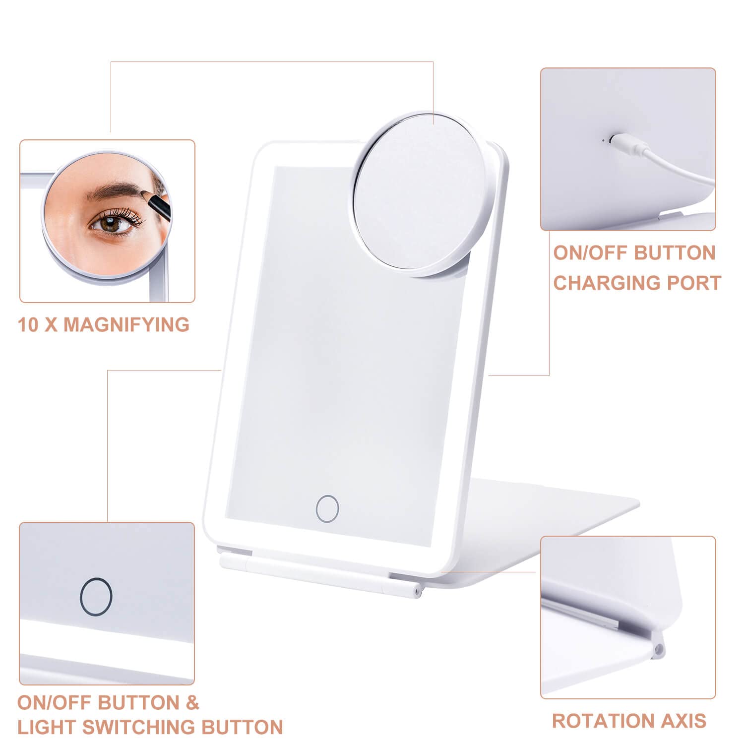 Mocado LED Foldable Travel Makeup Mirror - 5x7 inches 3 Colors Light Modes USB Rechargeable Touch Screen, Portable Tabletop Cosmetic Mi