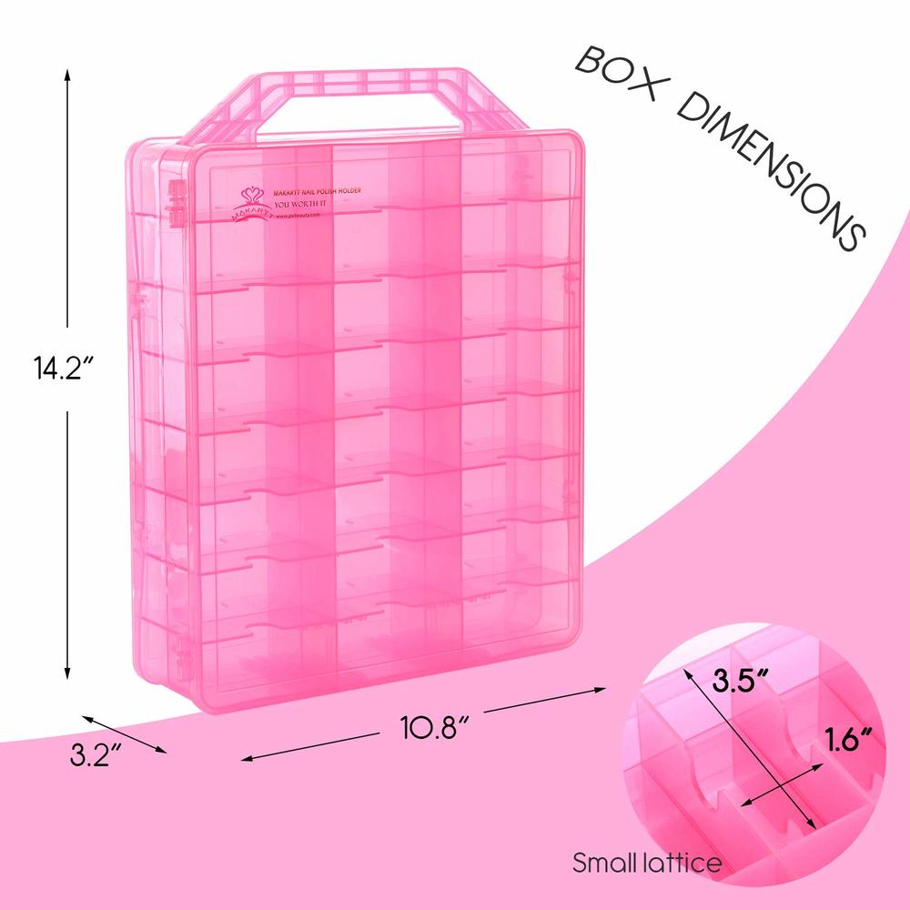 Makartt Nail Polish Organizer, Pink Universal Nail Polish Holder for 48 Bottles, Portable Acrylic Organizer Case with 8 Adjustab