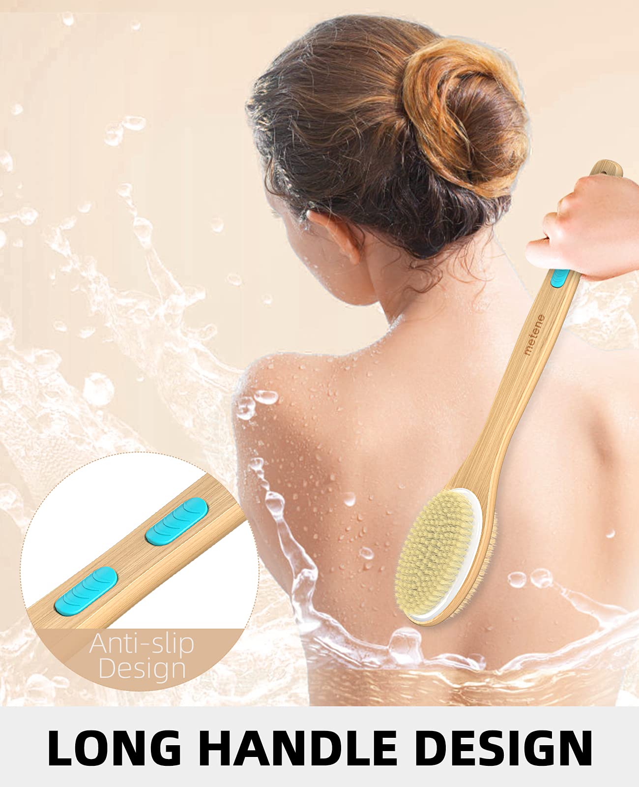 Metene Shower Brush with Soft and Stiff Bristles, Bath Dual-Sided Long Handle Back Scrubber Body Exfoliator for Wet or Dry Brush