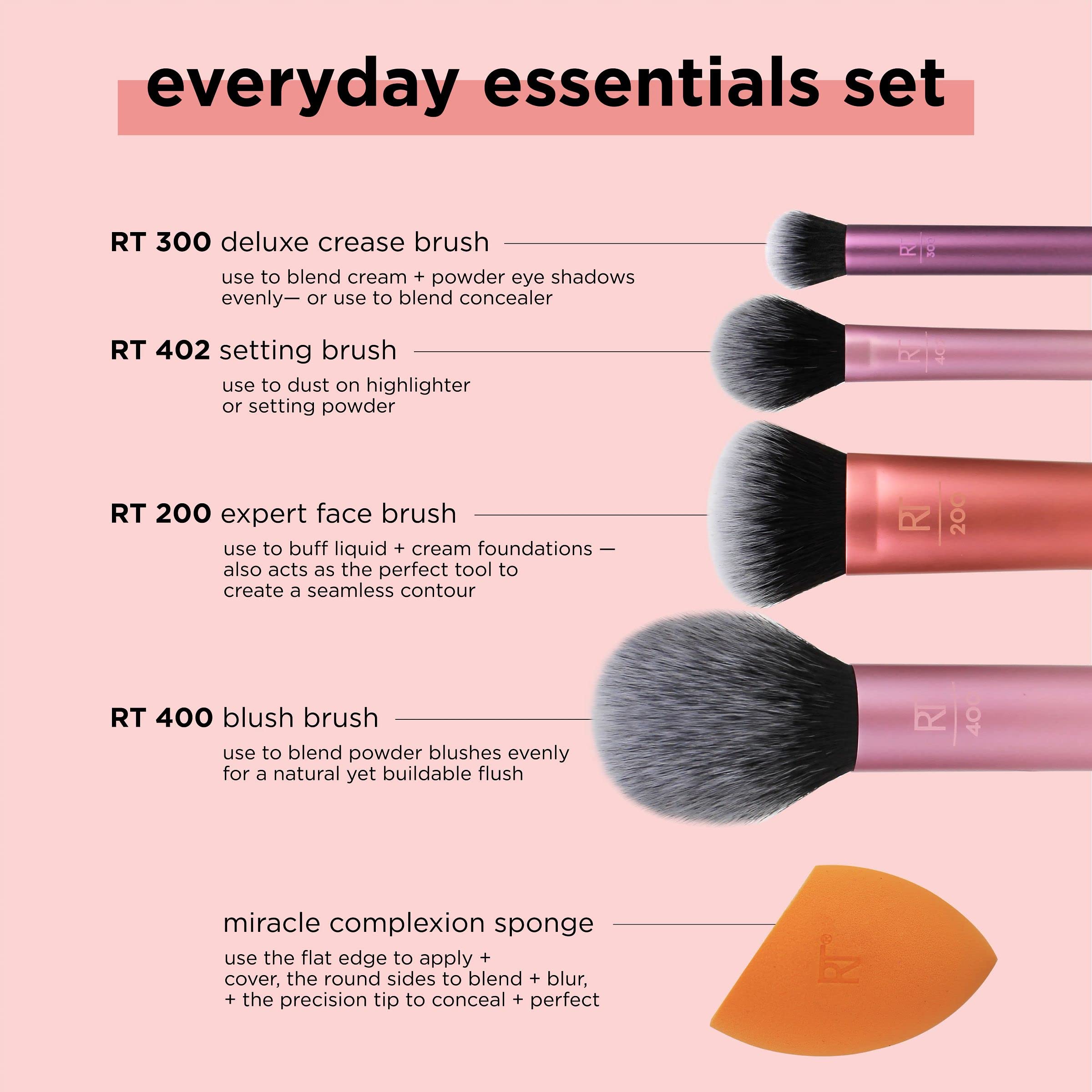 Real Techniques Everyday Essentials + Sponge Kit, Makeup Brushes & 2 Makeup Blending Sponge Set, For Foundation, Blush, Bronzer,