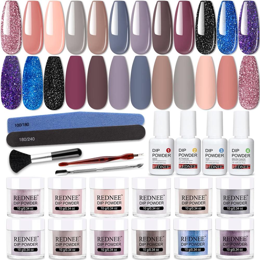 REDNEE 22 Pcs Dip Powder Nail Kit Starter 12 Colors Pink Gray Blue Dipping Powder Set with Gel Liquid and 5 Manicure Tools Dippi