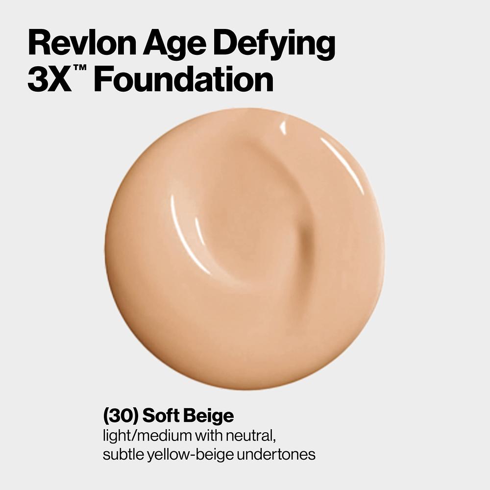 Revlon Liquid Foundation, Age Defying 3XFace Makeup, Anti-Aging and Firming Formula, SPF 30, Longwear Medium Buildable Coverage 