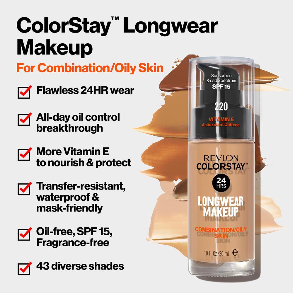 Revlon Liquid Foundation, ColorStay Face Makeup for Combination & Oily Skin, SPF 15, Medium-Full Coverage with Matte Finish, Cap