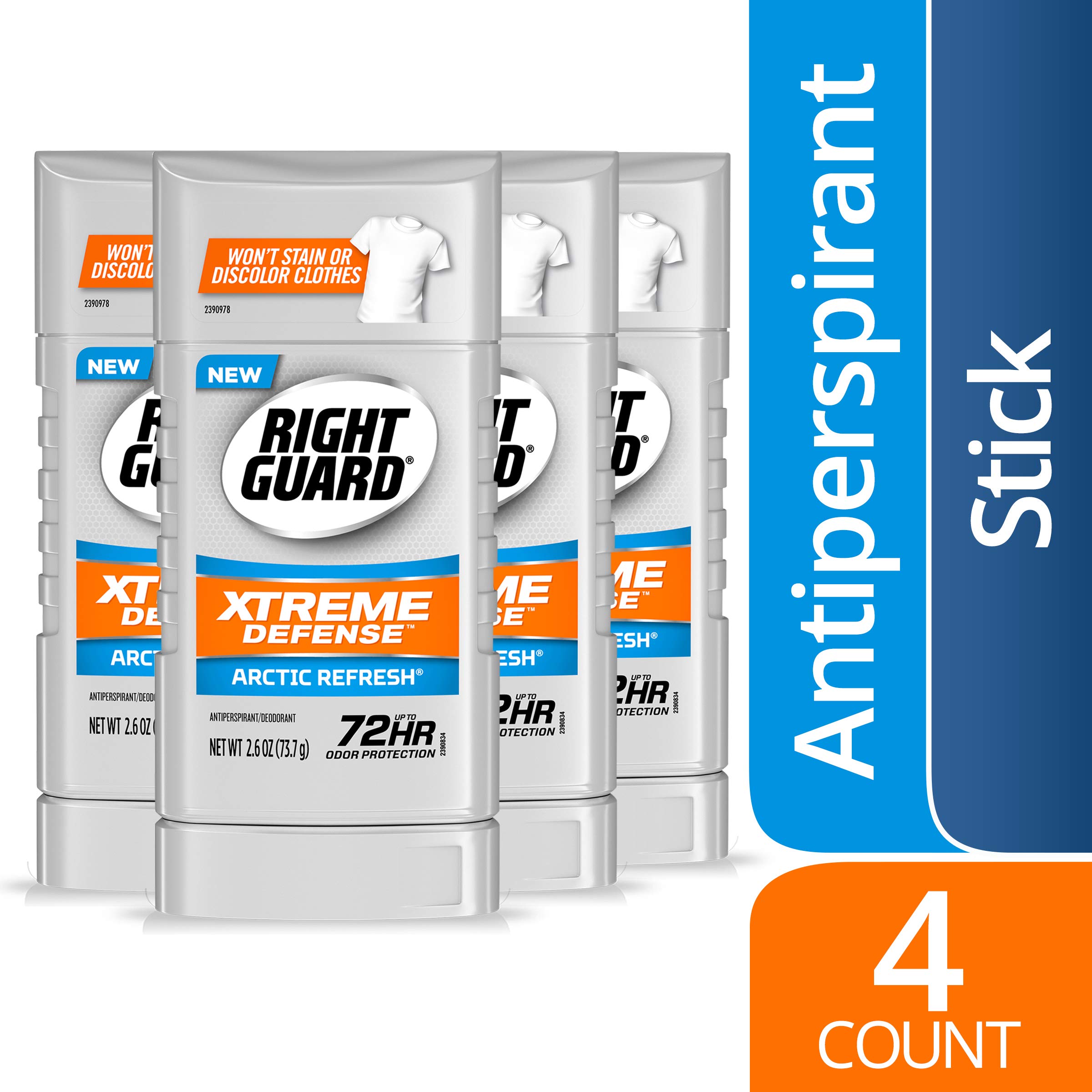 Right Guard Xtreme Defense Antiperspirant Deodorant Invisible Solid Stick, Arctic Refresh, 2.6 Ounce , 4 Count (Pack of 1)
