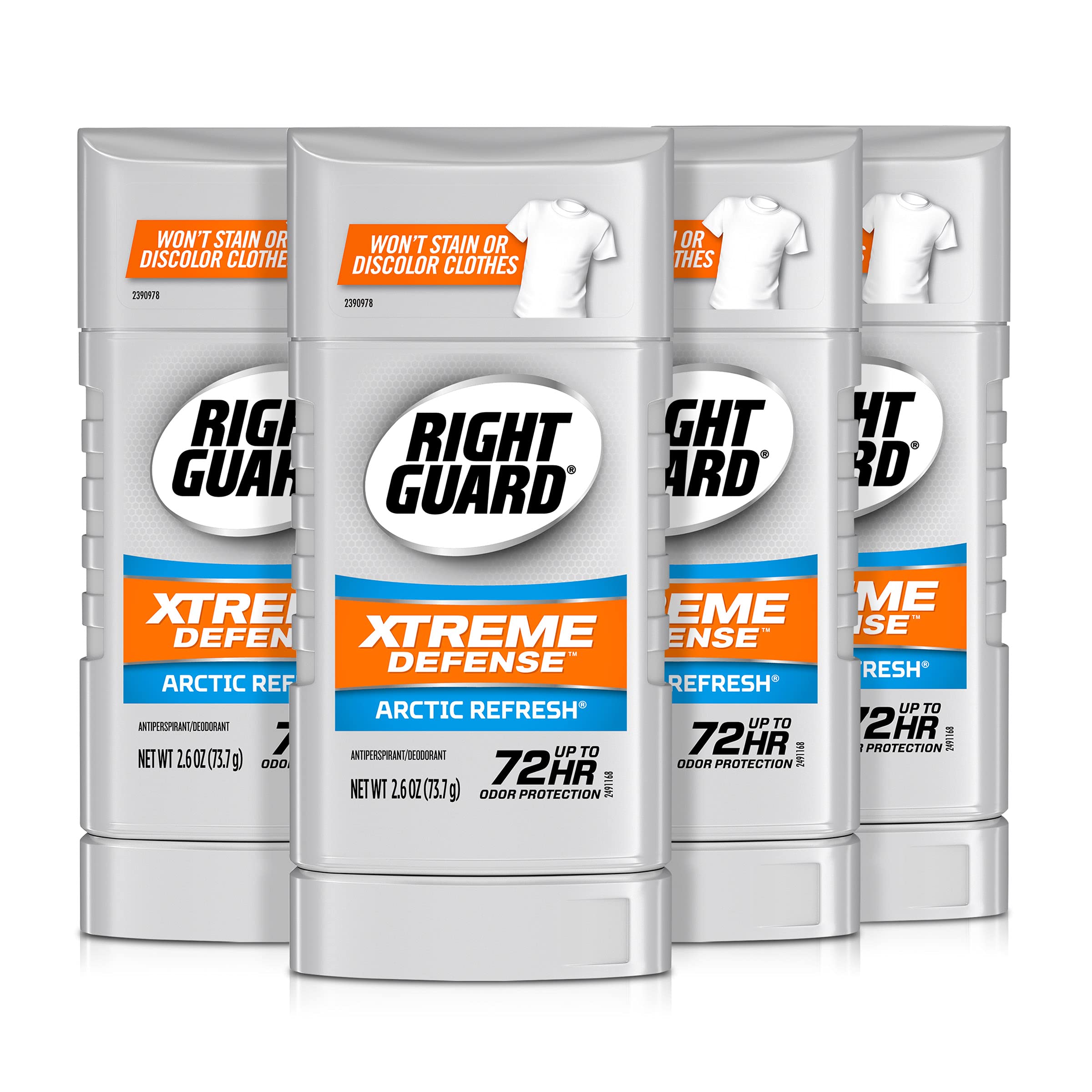 Right Guard Xtreme Defense Antiperspirant Deodorant Invisible Solid Stick, Arctic Refresh, 2.6 Ounce , 4 Count (Pack of 1)