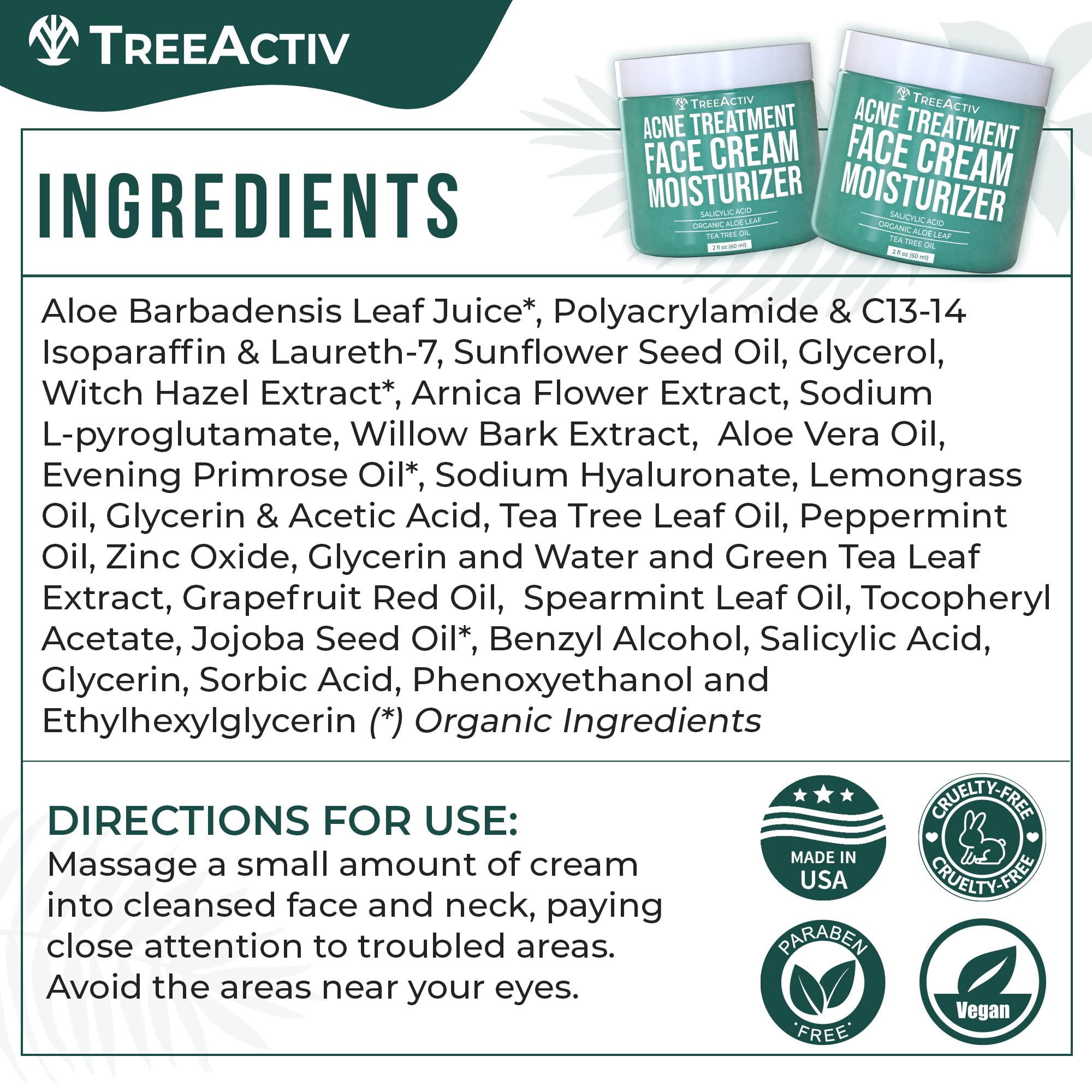 TreeActiv Salicylic Acid Face Moisturizer, 2 fl oz, Acne Treatment Face Cream for Oily Skin with and Tea Tree Oil, For Teens and