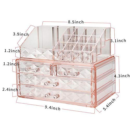 ZHIAI Jewelry and Cosmetic Boxes with Brush Holder - Pink Diamond Pattern Storage Display Cube Including 4 Drawers and 2 Pieces 