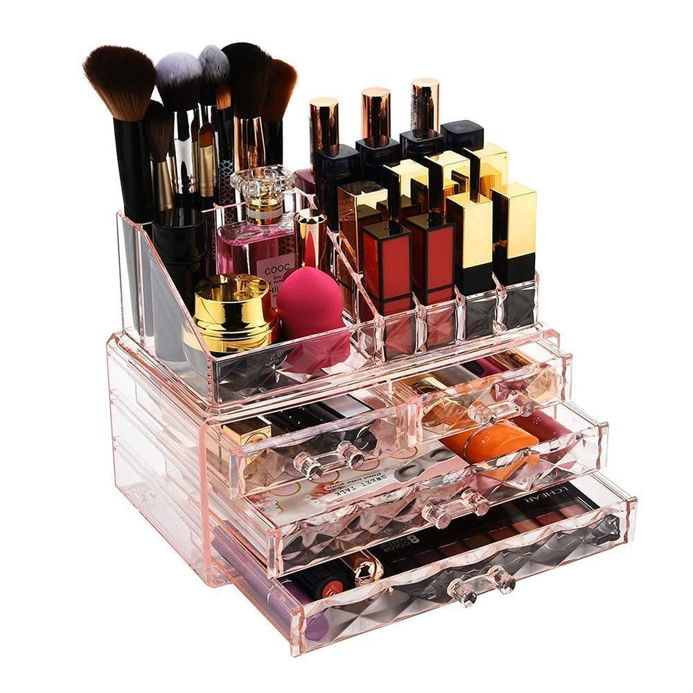 ZHIAI Jewelry and Cosmetic Boxes with Brush Holder - Pink Diamond Pattern Storage Display Cube Including 4 Drawers and 2 Pieces 