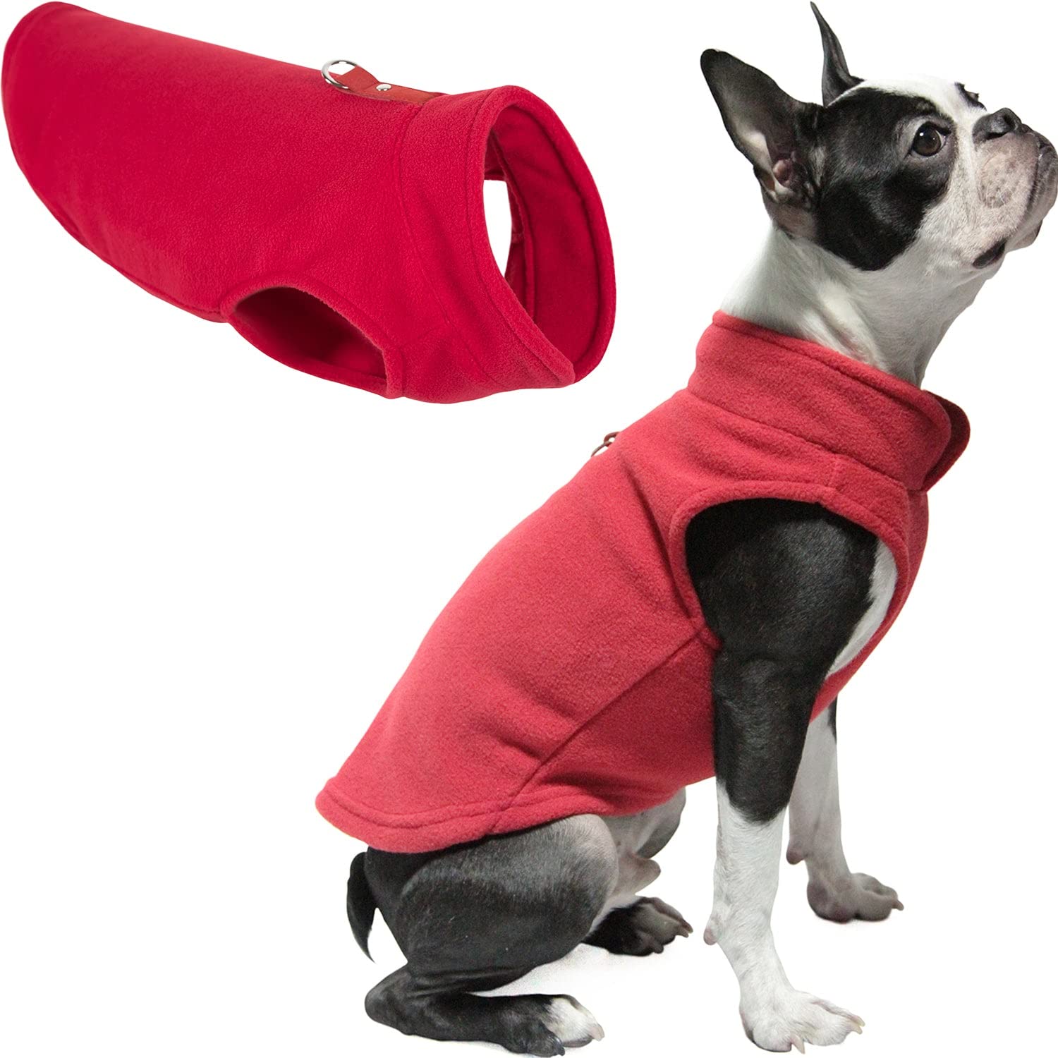 gooby Fleece Vest Dog Sweater - Red, Medium - Warm Pullover Fleece Dog Jacket with O-Ring Leash - Winter Small Dog Sweater coat 
