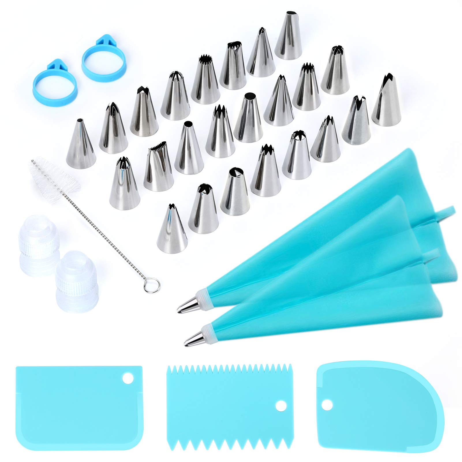kaverme 34Pcs Piping Bags and Tips Set, Bake cake Decorating Kit with 24 Stainless Steel Tips, 2 Reusable Silicone Pastry Bags, 3 Icing