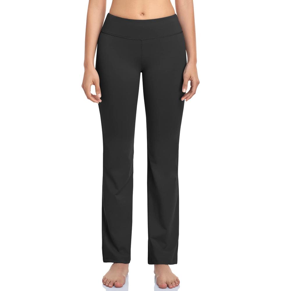 HISKYWIN Inner Pocket Yoga Pants 4 Way Stretch Tummy control Workout  Running Pants, Long Bootleg Flare Pants HF2-Black-L