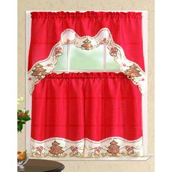 All American collection New 3pc christmas Holiday Design Embroidered Kitchen curtain Set (christmas Tree with Bells, RedBeige)