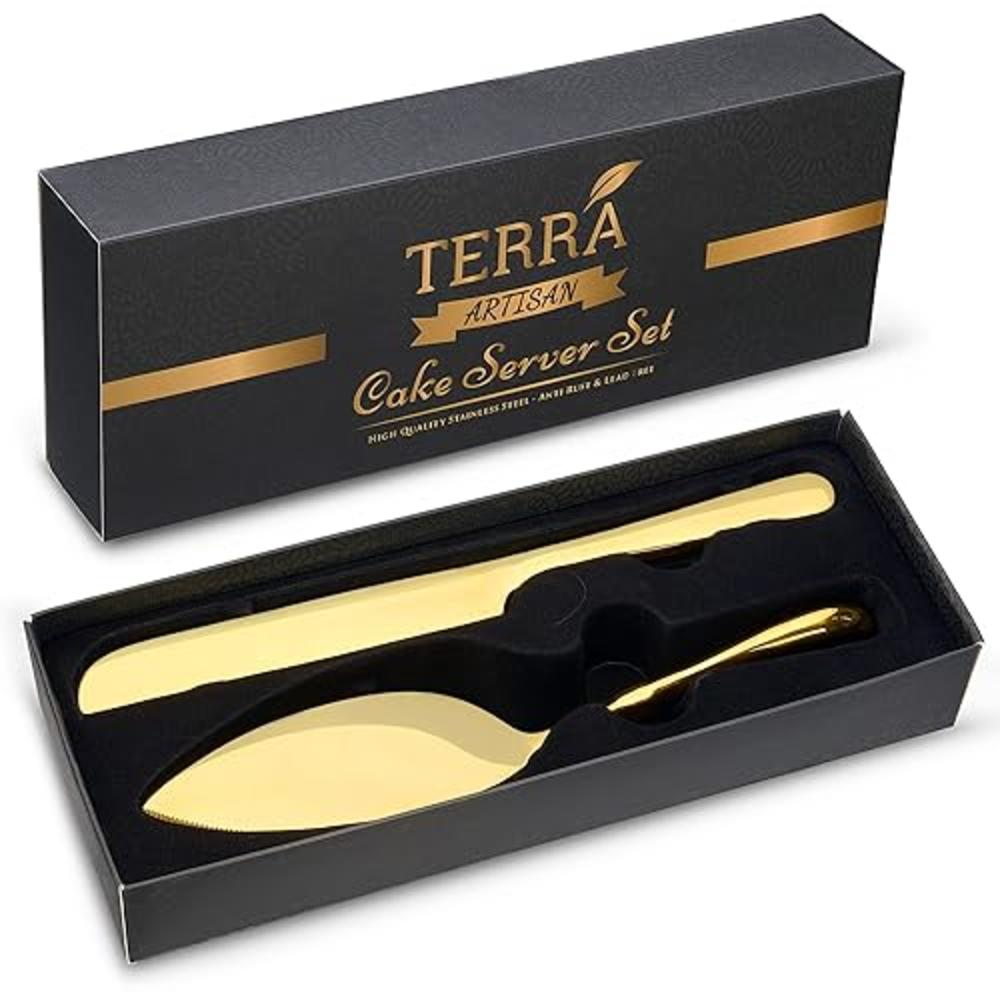 Terra Artisan gold cake cutting Set (2 Pieces), Stainless Steel, Elegant cake cutting Set for Wedding, cake Knife and Server set