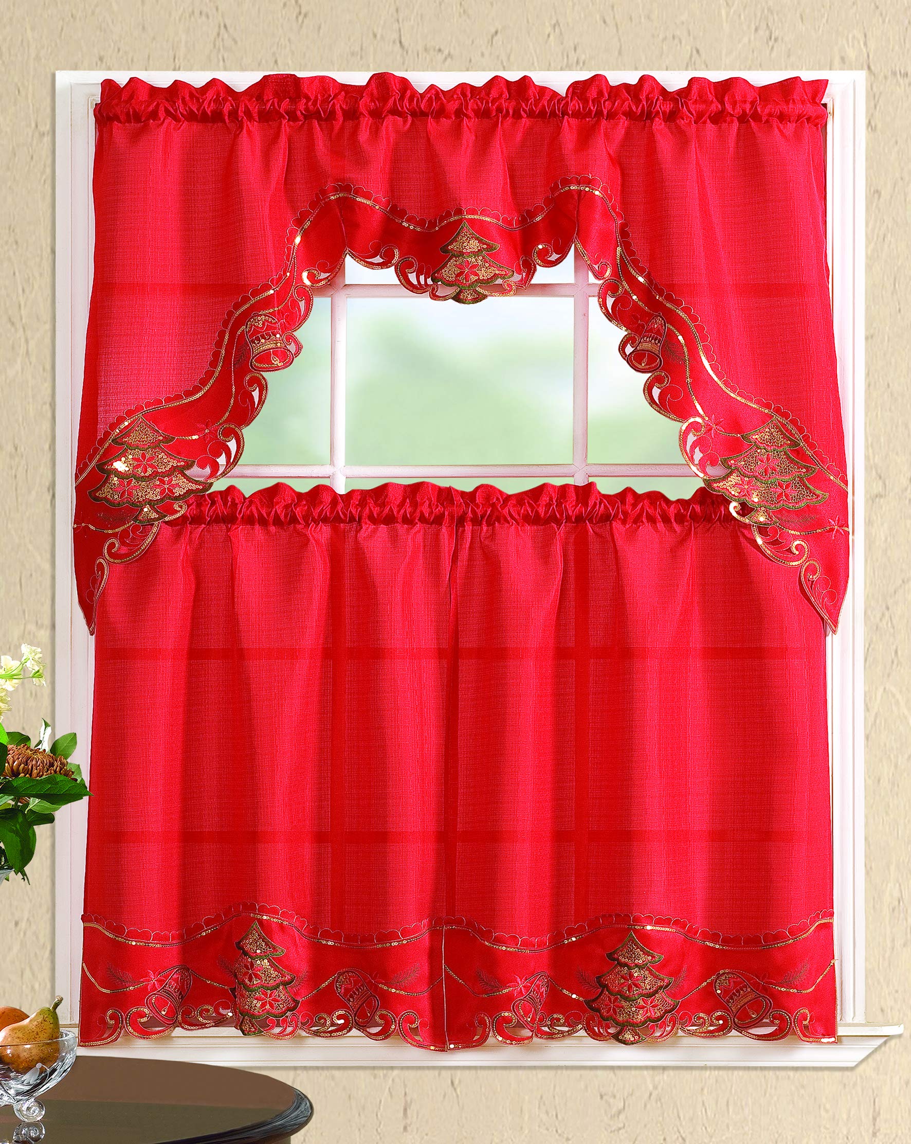 All American collection New 3pc christmas Holiday Design Embroidered Kitchen curtain Set (christmas Tree with Bells, RedRed)