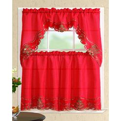 All American collection New 3pc christmas Holiday Design Embroidered Kitchen curtain Set (christmas Tree with Bells, RedRed)