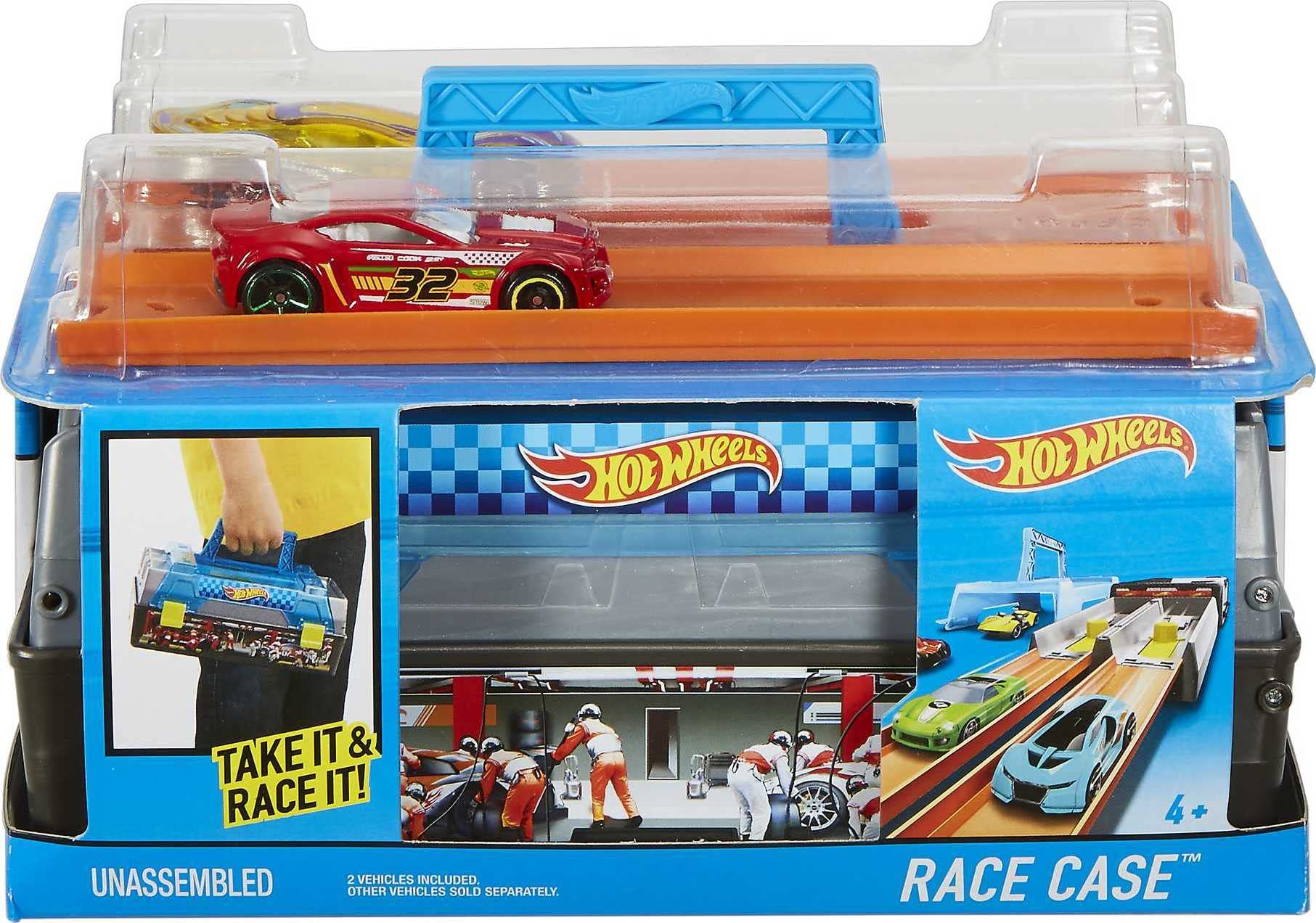 Hot Wheels Race case Track Set With 2 Hot Wheels cars, Dual Launcher For Side-By-Side Racing, Storage container, Toy For Kids 4 