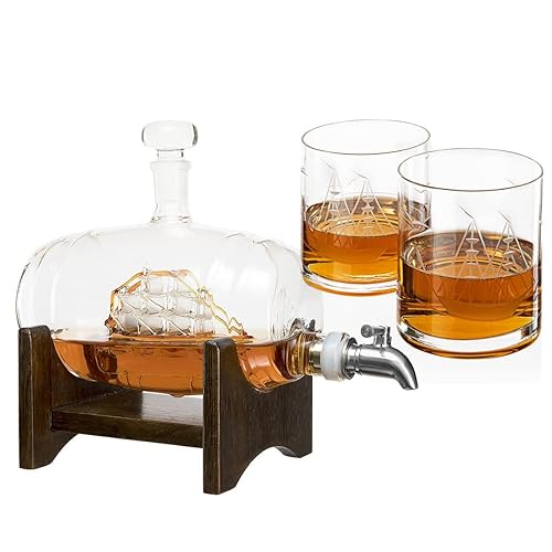 The Wine Savant Whiskey Ship in a Barrel Decanter With Ship With 2-10 oz glasses - By The Wine Savant, Whiskey & Wine Decanter clear