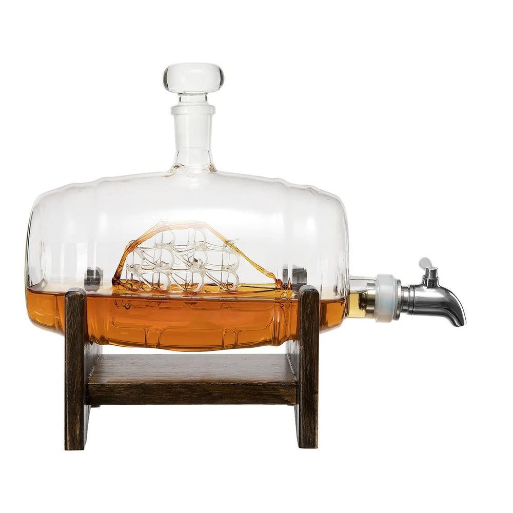 The Wine Savant Whiskey Ship in a Barrel Decanter With Ship With 2-10 oz glasses - By The Wine Savant, Whiskey & Wine Decanter clear
