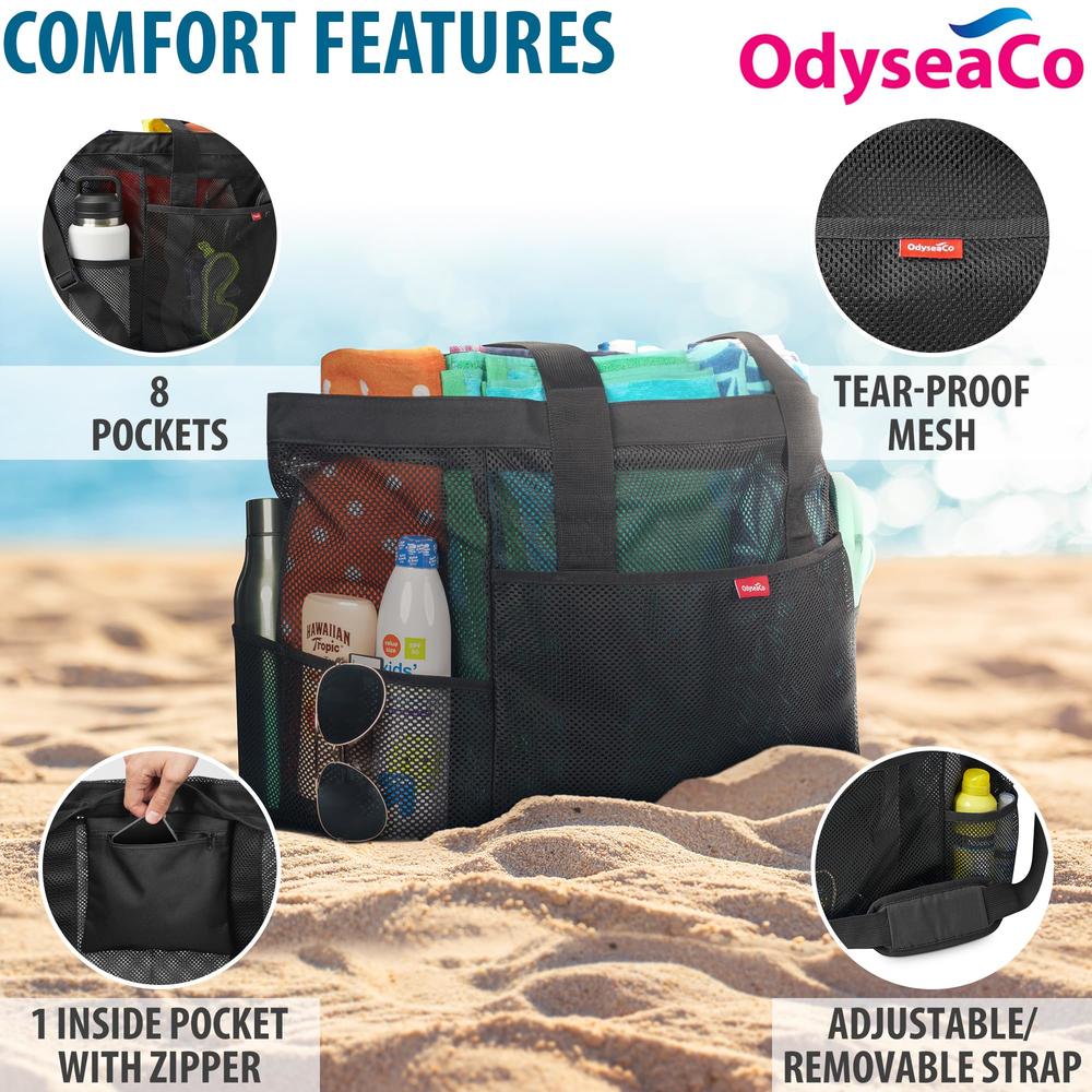 OdyseaCo Extra Large Mesh Beach Bag - Mesh Beach Tote Waterproof Sandproof - Beach Accessories, Vacation Essentials - Pool Bag (Black)A