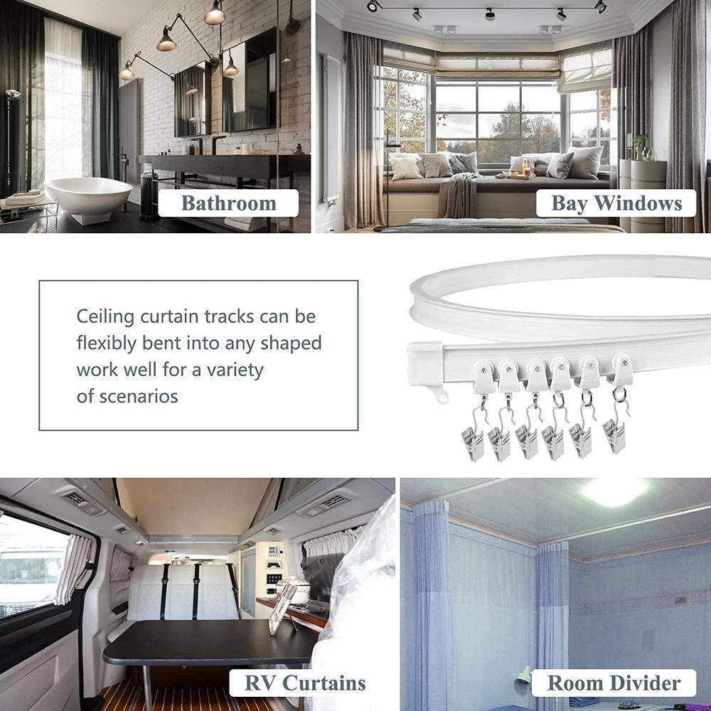 KOLAKO ceiling curtain Track, Flexible Bendable Drop Sliding ceiling curtain Track Room Divider curved ceiling Track System with clips 