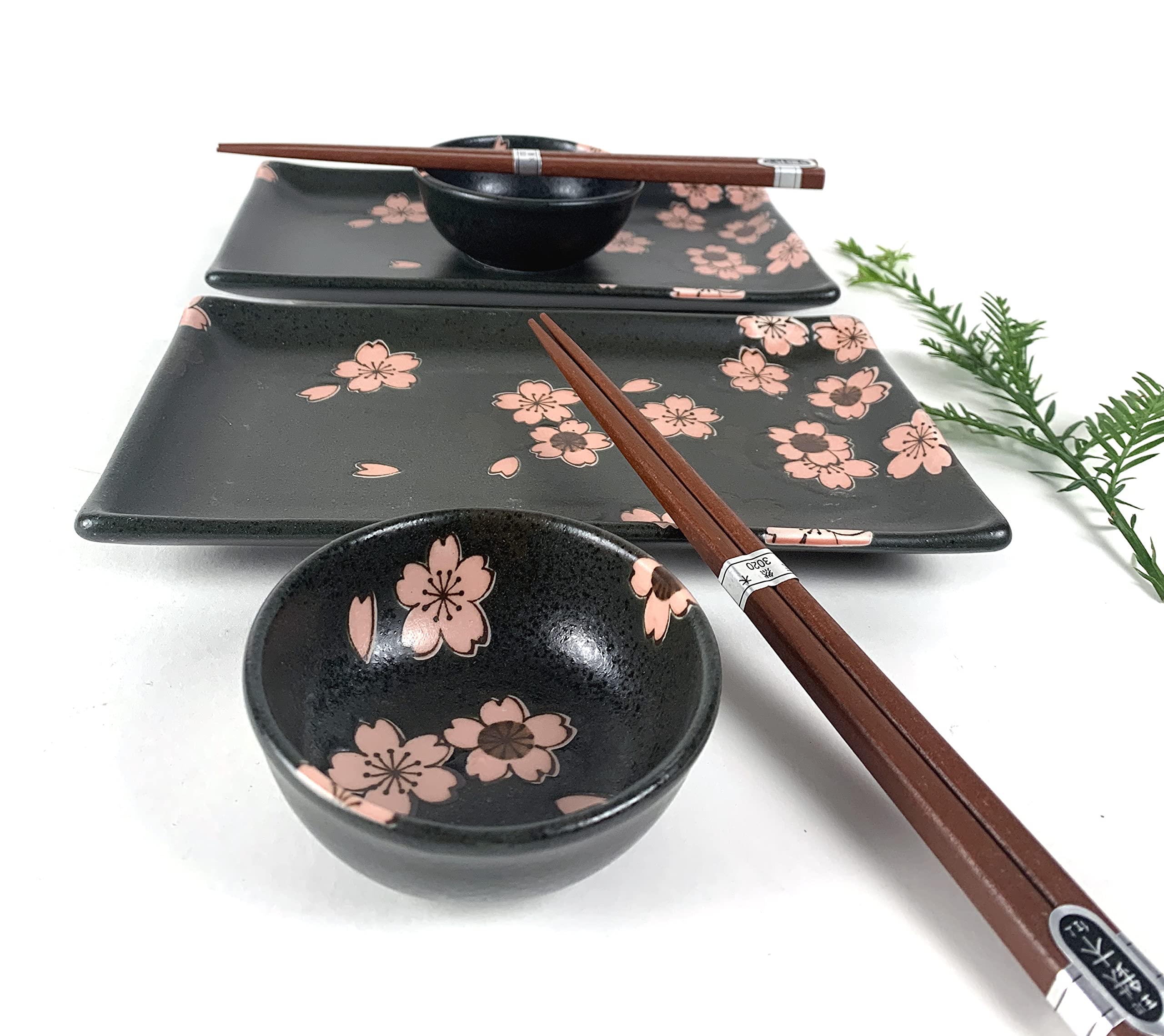 JapanBargain 4687, Japanese Sushi Set Porcelain Sushi Plates Soy Sauce Dipping Bowls and chopsticks gift Set, Navy Blue Sakura, 