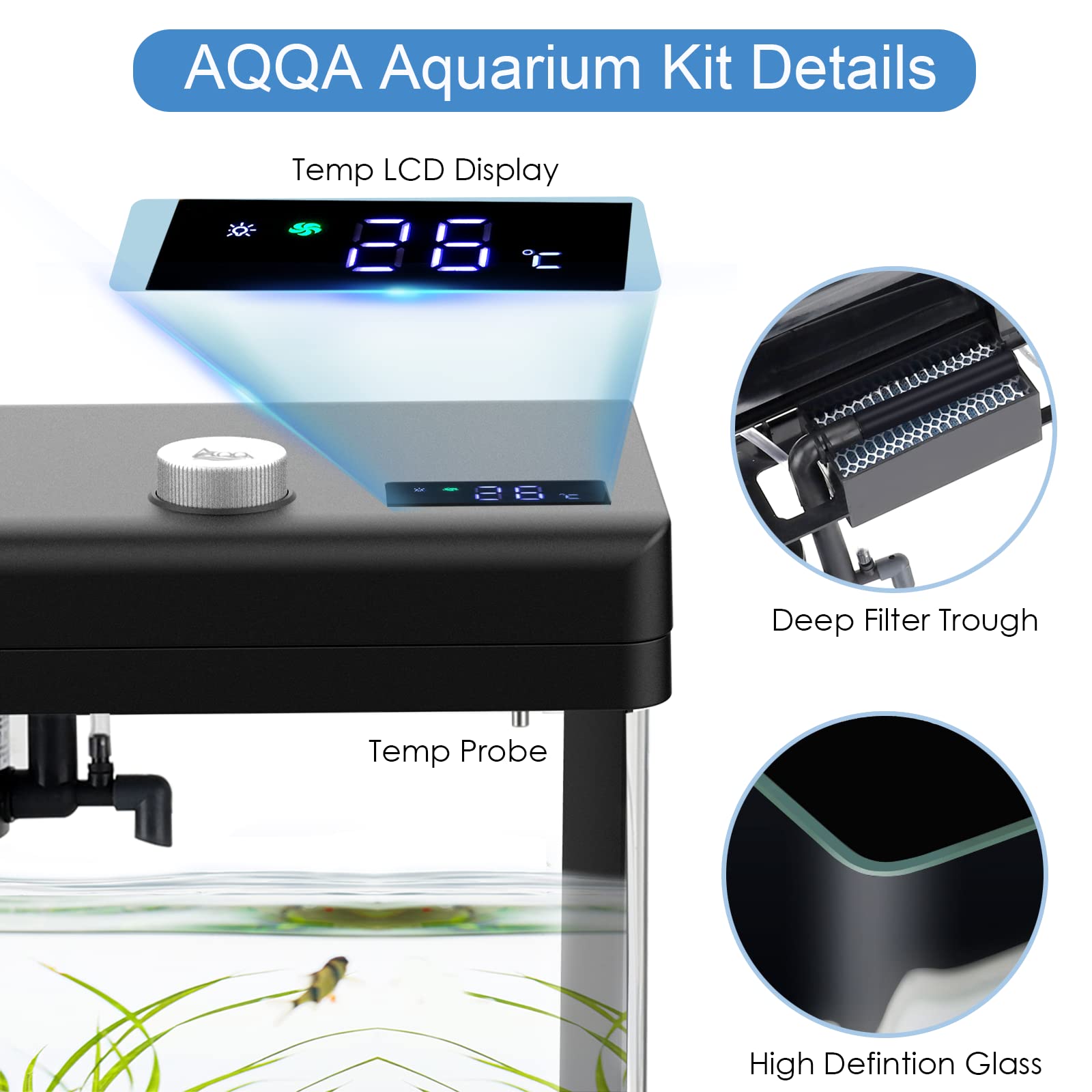 AQQA 15 gallon Aquarium Kits Desktop Small Fish Tank with Filter and Light (8 colors Adjustable) Freshwater & Saltwater Betta Fi