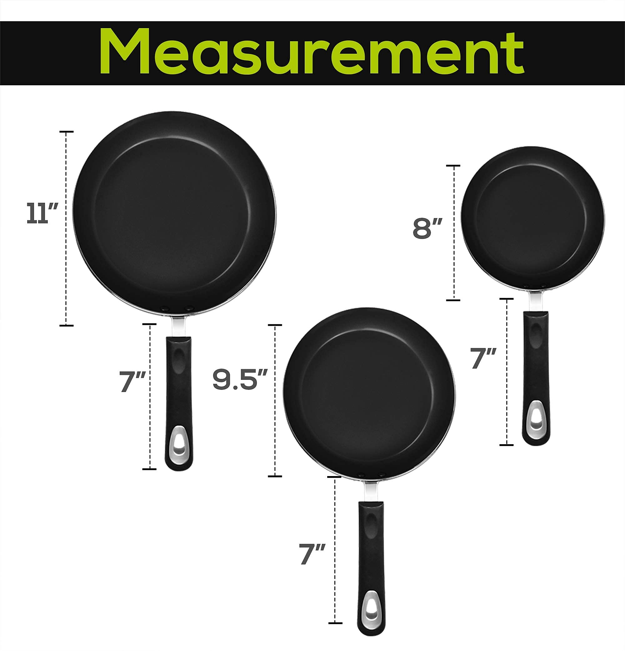 Utopia Kitchen Nonstick Frying Pan Set - 3 Piece Induction Bottom - 8 Inches, 95 Inches and 11 Inches (grey-Black)