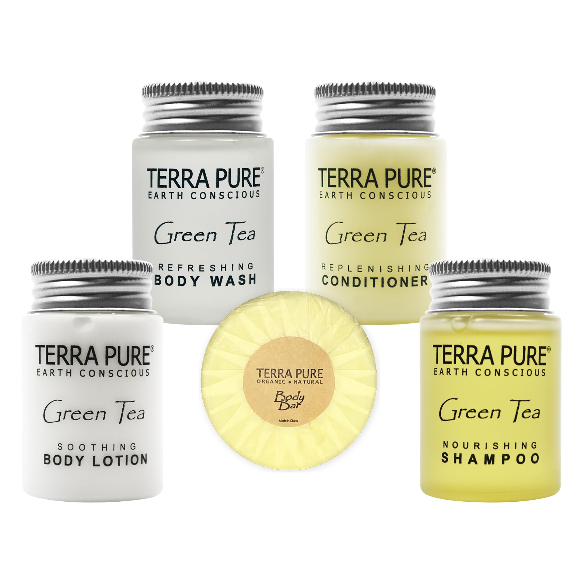 Terra Pure Hotel Soaps and Toiletries Bulk Set 1-Shoppe All-In-Kit Amenities for Hotels 1oz Hotel Shampoo & conditioner, Body Wa