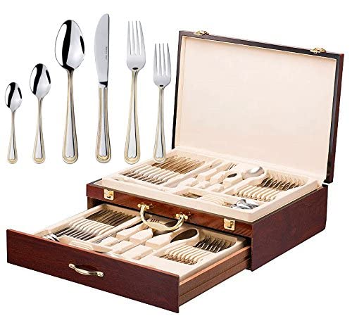 Italian collection Verona 75-Piece Premium Surgical Stainless Steel Silverware Flatware Set 1810, Service for 12, 24K gold-Plate