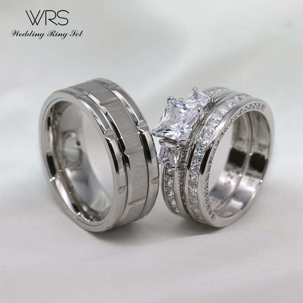 WRS WEDDING RING SET Two Rings His Hers Wedding Ring Sets Couples Matching Rings Women's 2pc White Gold Filled Square CZ Wedding Engagement Ring Brid