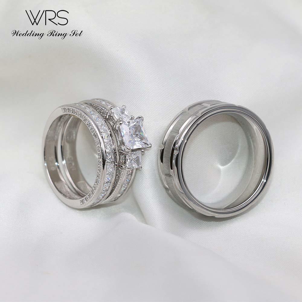 WRS WEDDING RING SET Two Rings His Hers Wedding Ring Sets Couples Matching Rings Women's 2pc White Gold Filled Square CZ Wedding Engagement Ring Brid